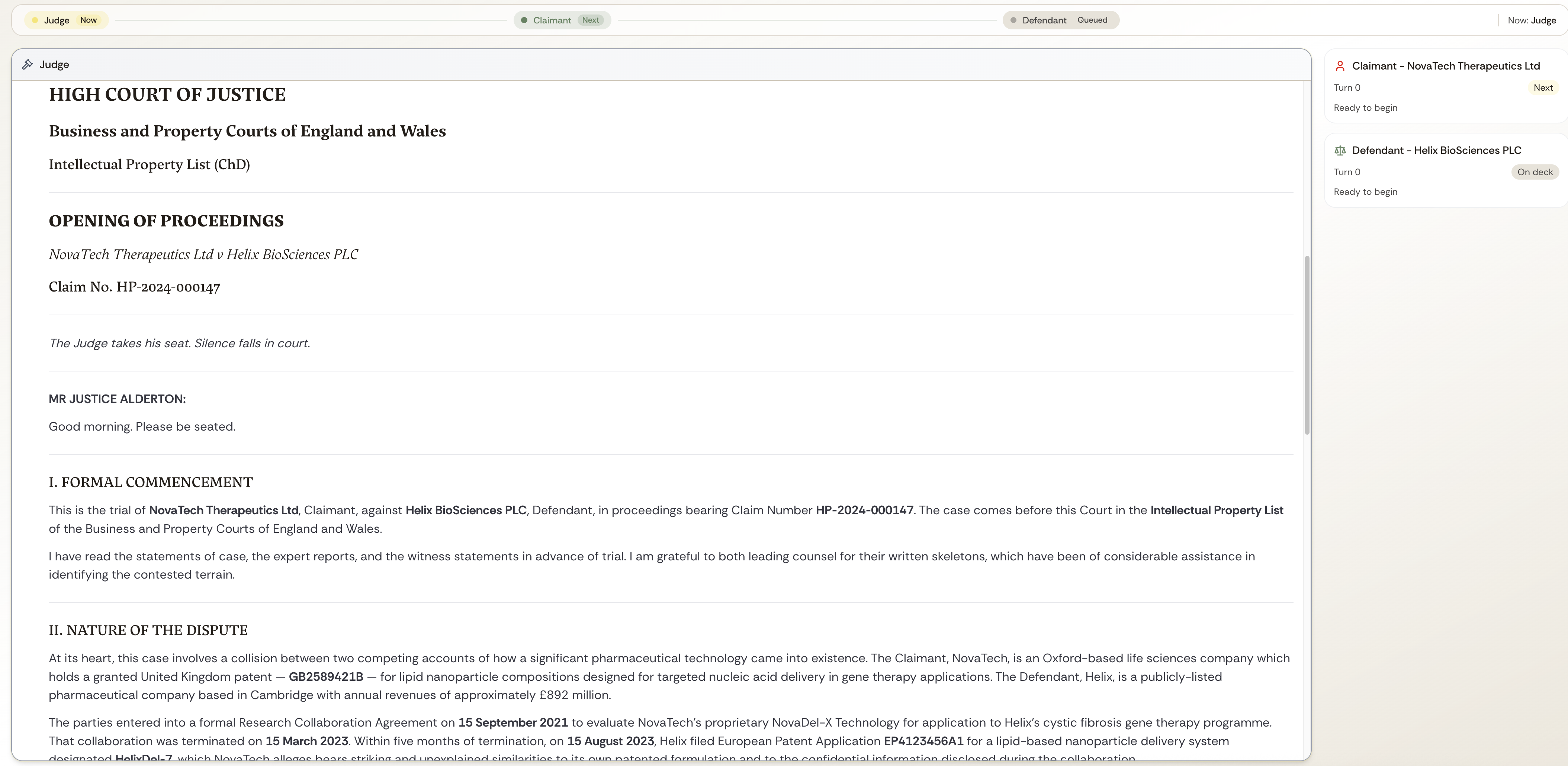 Court simulation with Judge, Claimant and Defendant