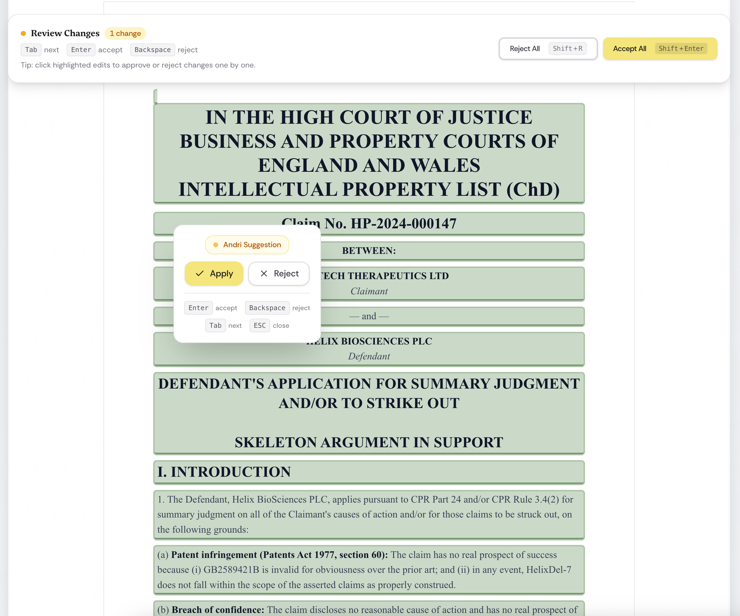 AI-assisted legal document drafting with inline suggestions